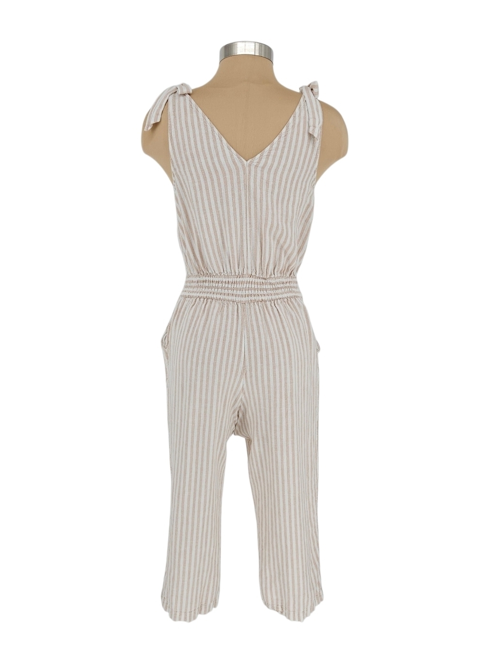 A New Day Cropped Jumpsuit Linen Beige Stripe Tie Straps V Neck Pants Romper XS - Picture 4 of 7